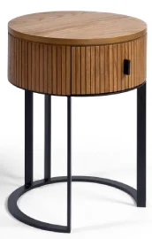Mesa de noche redonda de madera de roble efecto alistonado y patas de metal negro