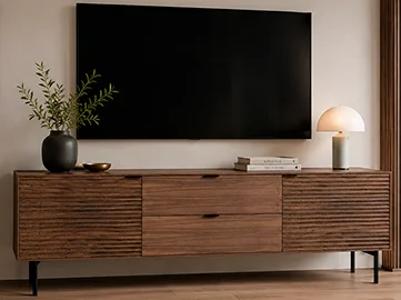 Mesa de televisión 2 cajones 2 puertas metal y nogal Sarek