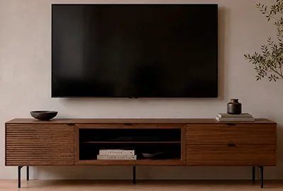 Mesa de televisión 2 puertas 2 cajones metal y nogal Sarek