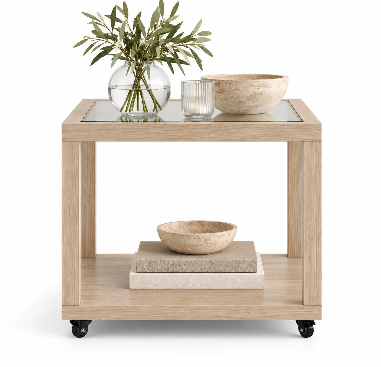Mesa de rincón cristal y roble con ruedas Osaka