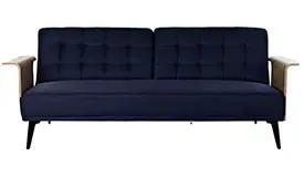 Sofá cama tapizado  azul en madera de eucalipto y  metal