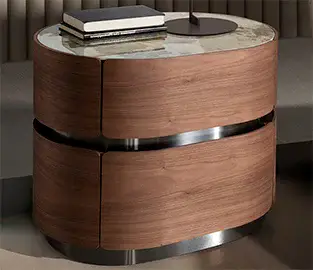 Mesita de noche 2 cajones curva nogal y porcelánico Amira Mesita de noche 2 cajones curva nogal y porcelánico Amira