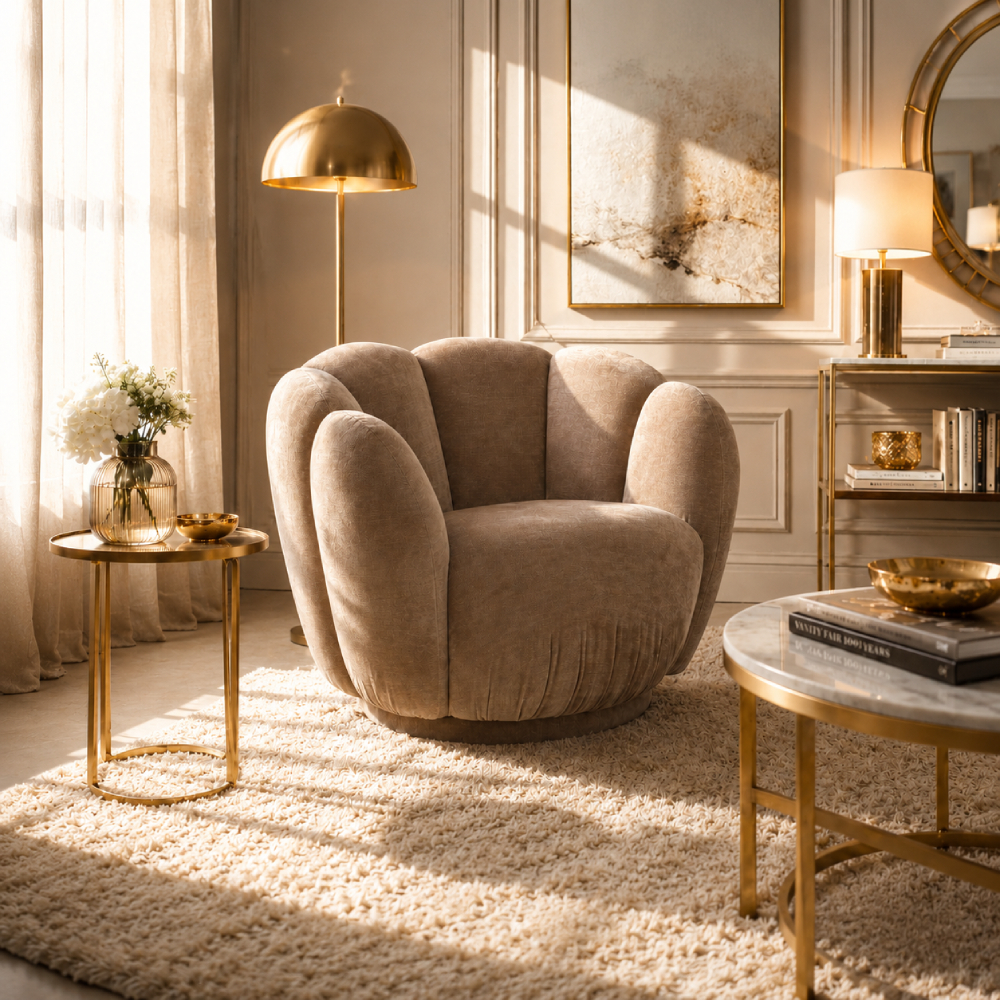 Portobellostreet - Butaca de madera y tapizado beige Tulip