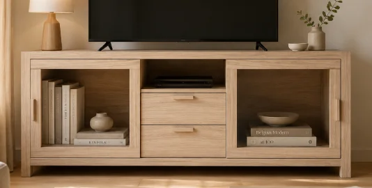 PORTOBELLO mueble tv roble y cristal 2 cajones