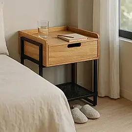 Mesa de noche en madera natural y metal negro Amberes