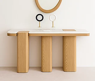 Consola Delphos en madera de roble y porcelanico blanco