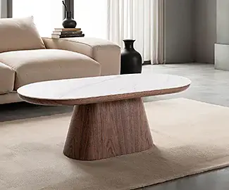 Mesa de centro sofá pie roble y tapa porcelánico blanco