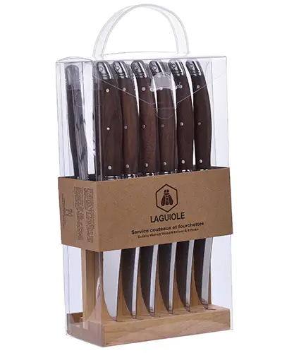 6 cuchillos de carne y 6 tenedores hoja de nogal