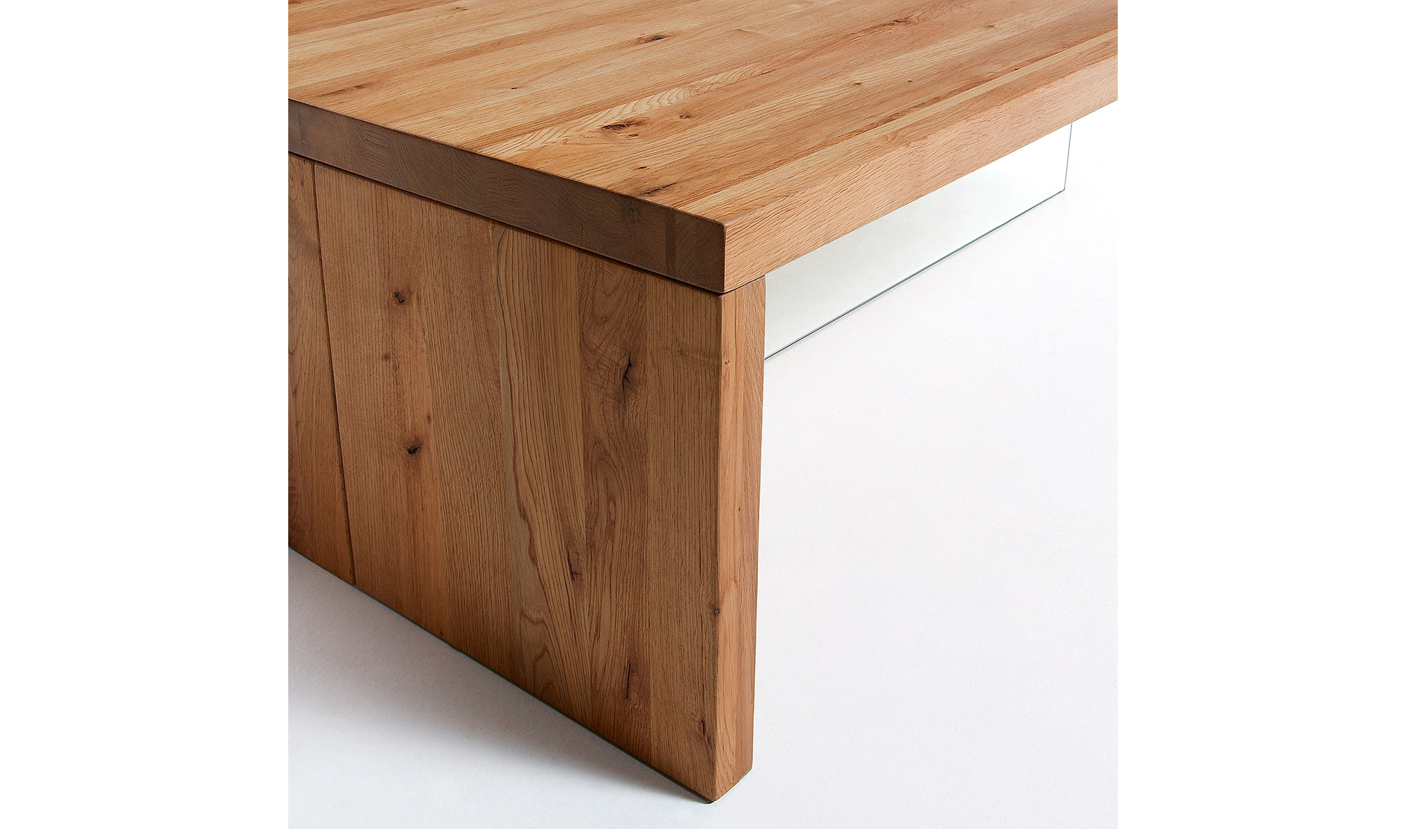 Mesa centro pie cristal roble acabado natural