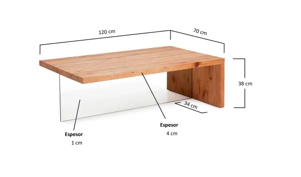Mesa centro pie cristal roble acabado natural