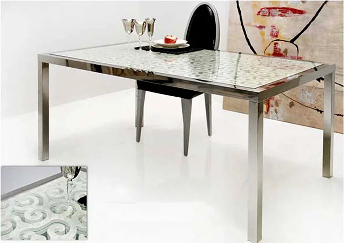 Mesa acero inox nácar y volutas
