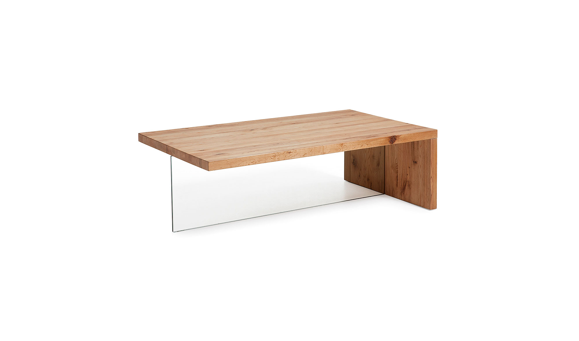 Mesa centro pie cristal roble acabado natural
