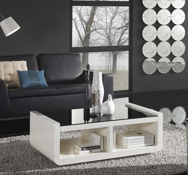 Mesa de Centro Moderna Blanco Roto y Cristal