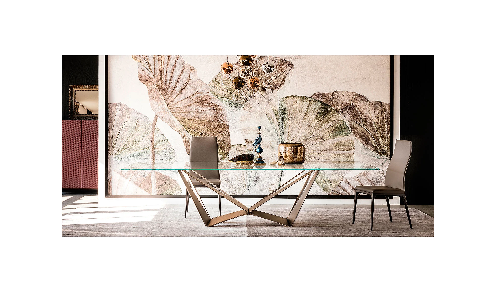 Mesa de comedor moderna cristal de 300x100 Skorpio patas Bronce