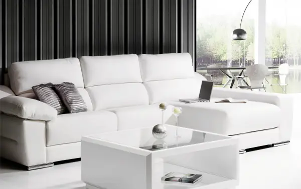 Sofa Diamond con chaissloungue en piel blanca