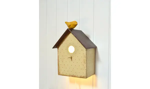 Lampara casita con pajarito color crema