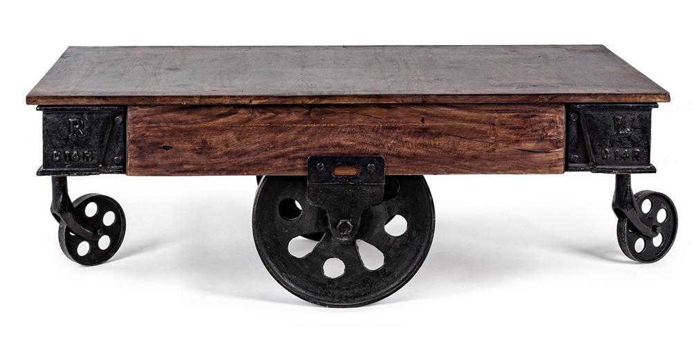 Mesa de centro industrial 4 ruedas madera y metal