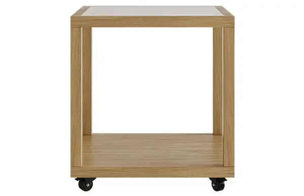 Mesa de rincón cristal y roble con ruedas Osaka