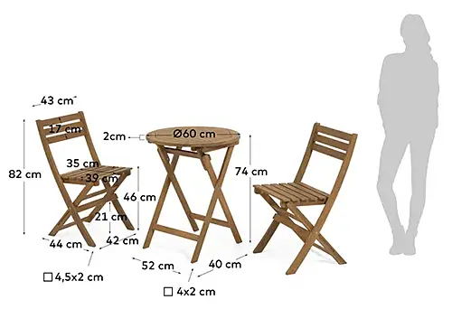 Pack de mesa de terraza plegable apilable con 2 sillas de madera