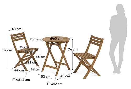Pack de mesa de terraza plegable apilable con 2 sillas de madera