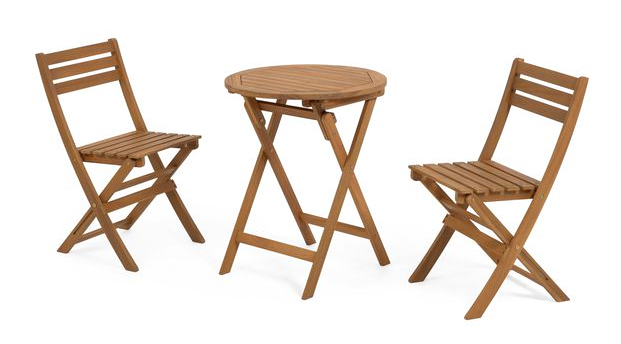 Pack de mesa de terraza plegable apilable con 2 sillas de madera