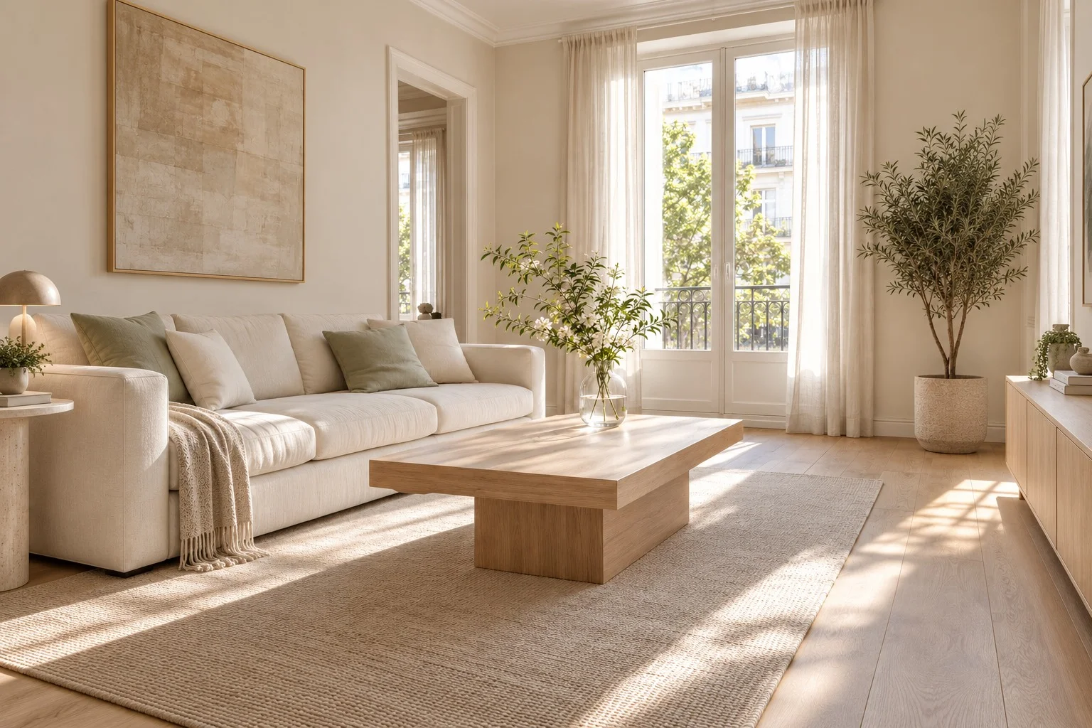 Salón luminoso de primavera con textiles ligeros y tonos naturales