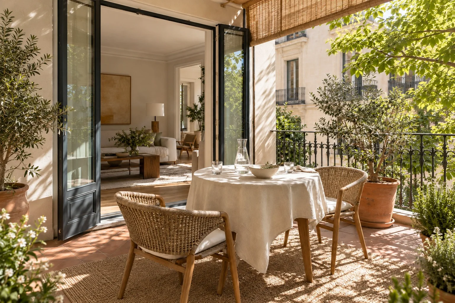 Terraza de verano con mesa, dos sillas y vegetación