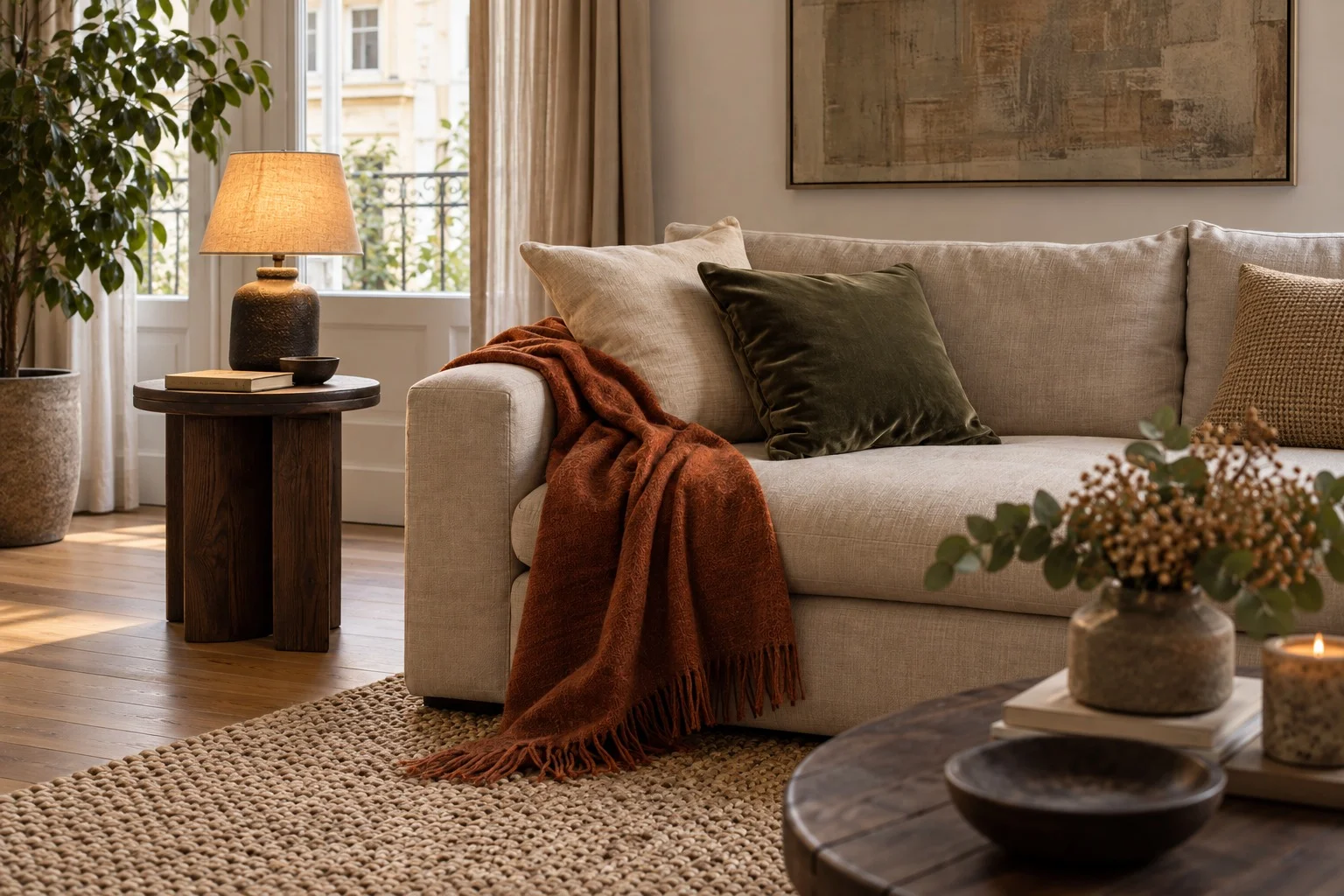 Sofá decorado para otoño con manta, cojines y luz cálida