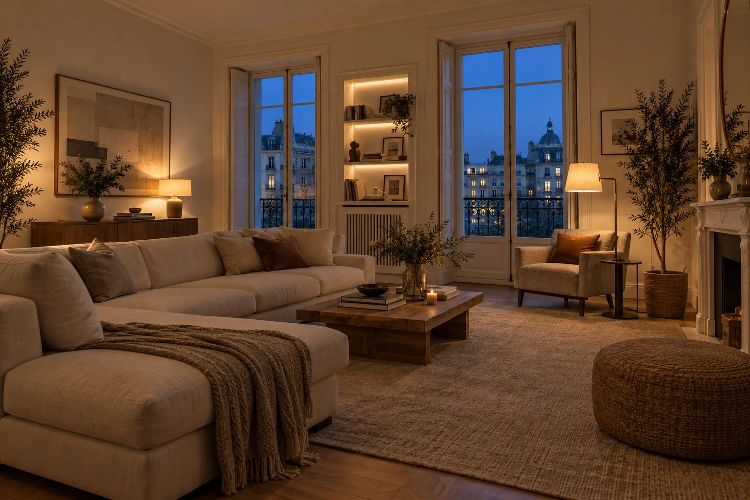Salón de invierno iluminado con lámparas de pie, sobremesa y luz ambiental
