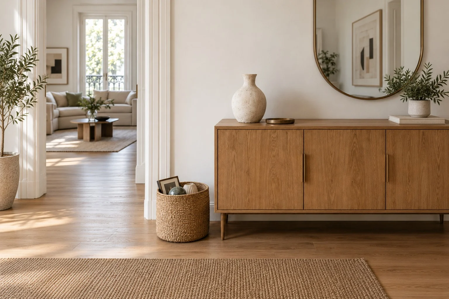 Aparador con una composición sencilla y pocos objetos decorativos