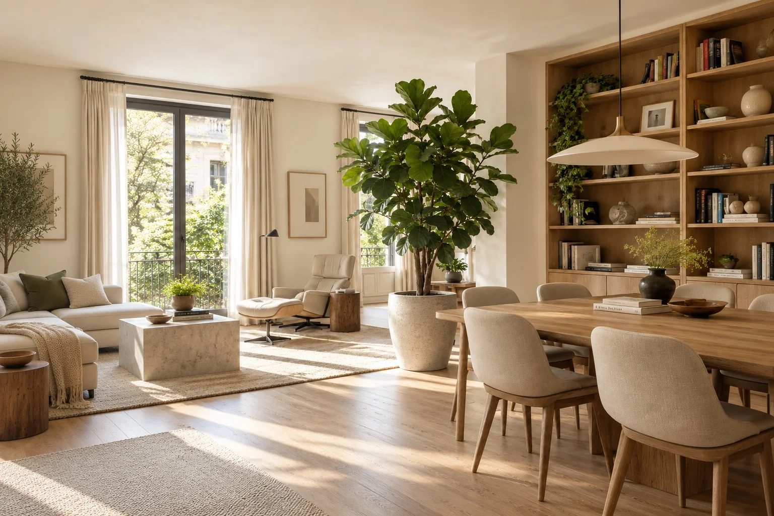 Salón comedor con una planta de gran tamaño utilizada para articular los ambientes