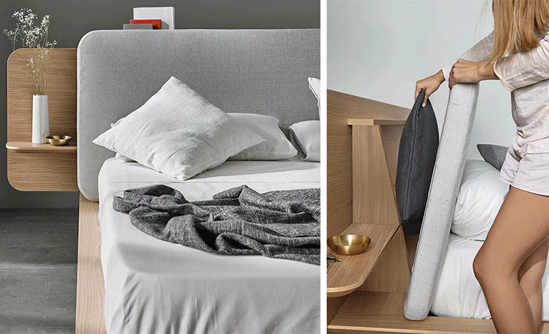 Cama con cabecero tapizado, mesillas integradas y espacio de almacenamiento.
