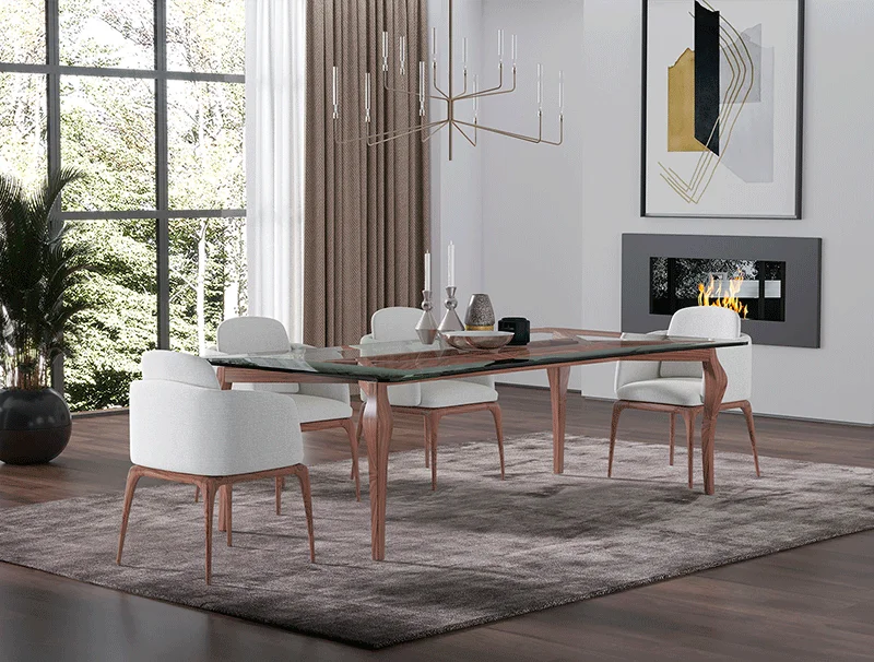 La nueva colección de Muebles Castelo, creada por nuestro equipo de diseño, emplea materiales de calidad como madera, cristal y mármol.