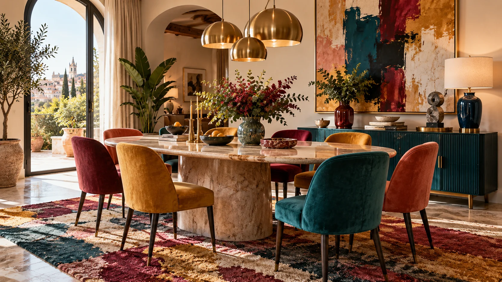 Comedor colourmaxxing 2026 con sillas de colores, mesa de piedra y lámparas doradas
