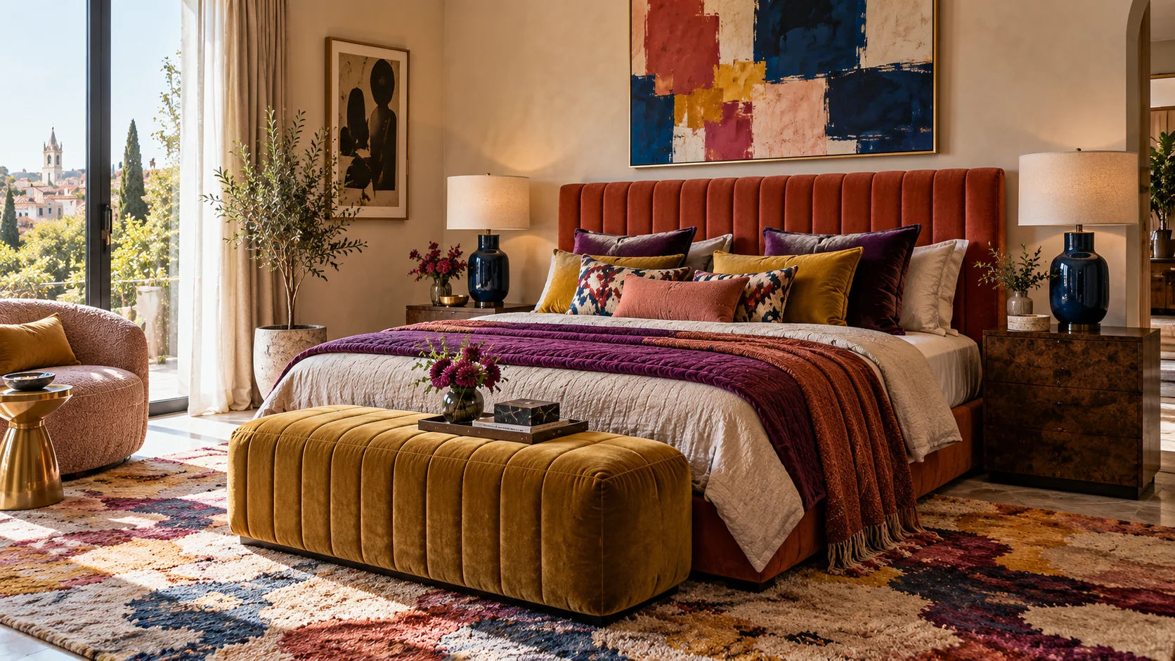 Dormitorio colourmaxxing con cabecero terracota, textiles ciruela y mostaza y lámparas azules