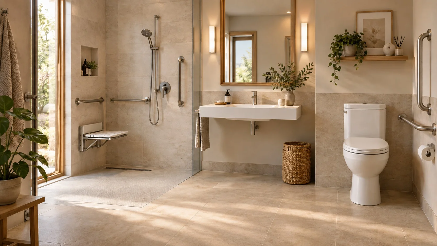 Vista general de una propuesta de baño accesible con ducha a ras, asiento, barras, lavabo suspendido e inodoro