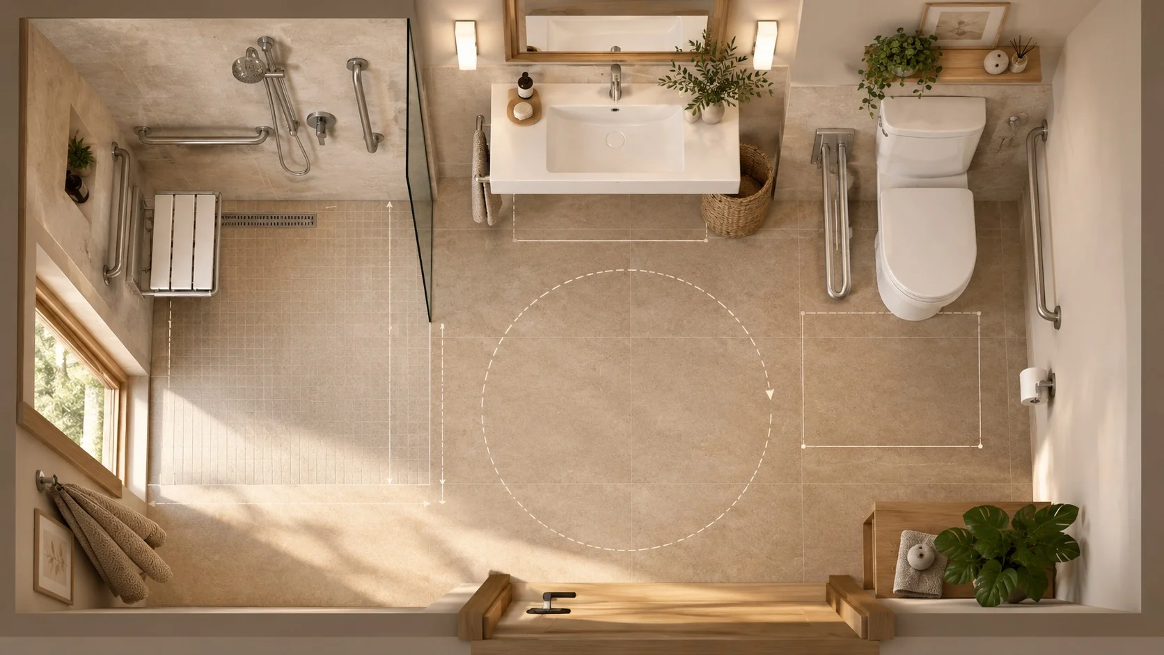 Vista superior de la distribución de un baño accesible con ducha, zona de giro, lavabo e inodoro