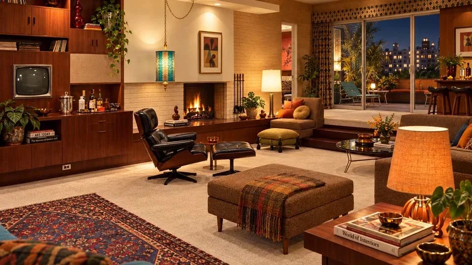 Salón del apartamento de Don y Megan Draper en Mad Men por la noche