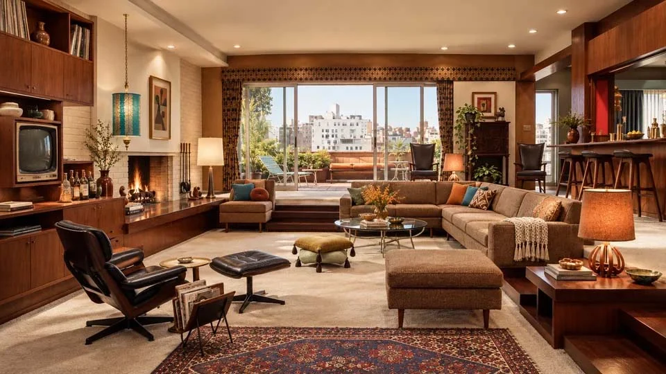 Apartamento de Don y Megan Draper en Mad Men con salón Mid-Century y terraza