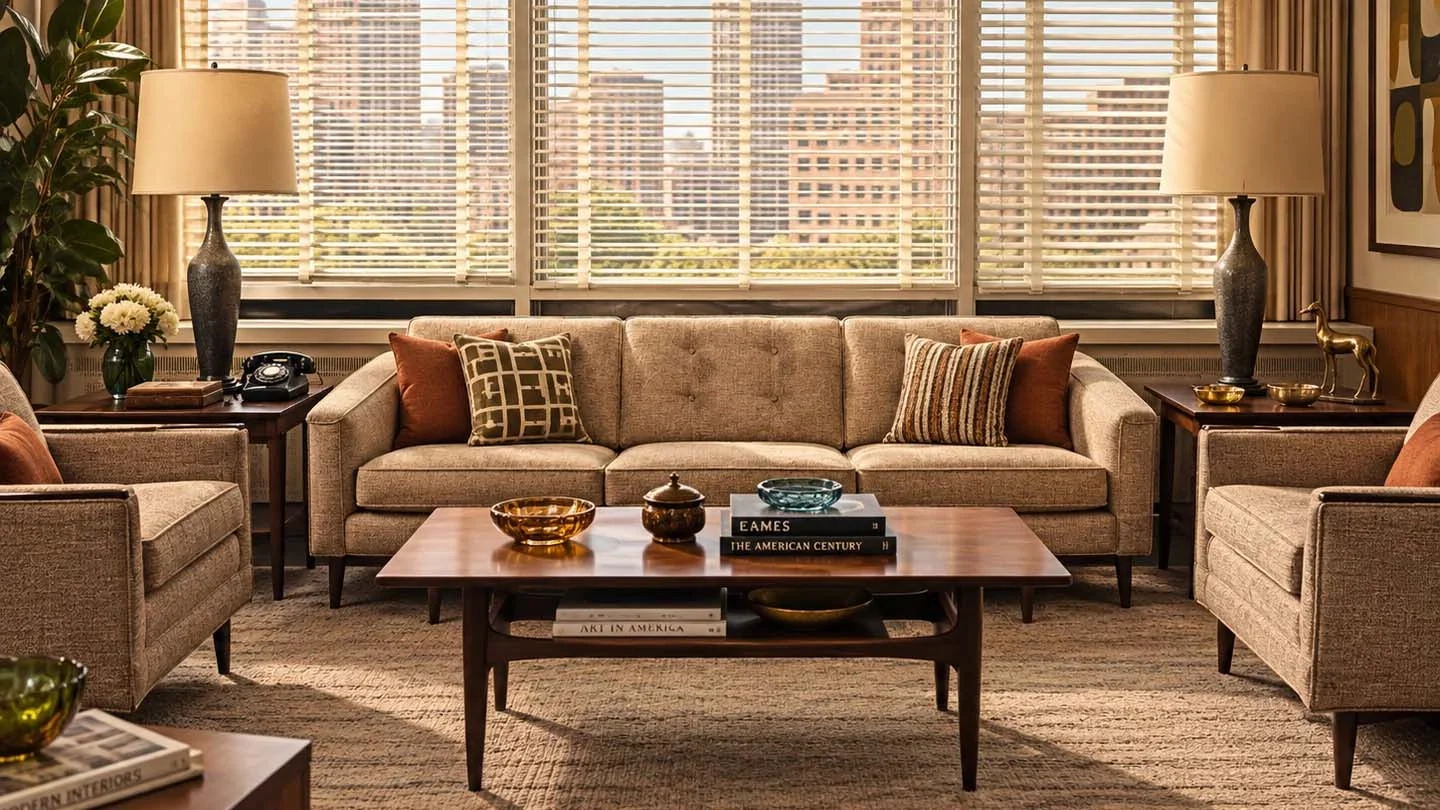 Salón inspirado en la casa de Don y Betty Draper en Mad Men con decoración Mid-Century