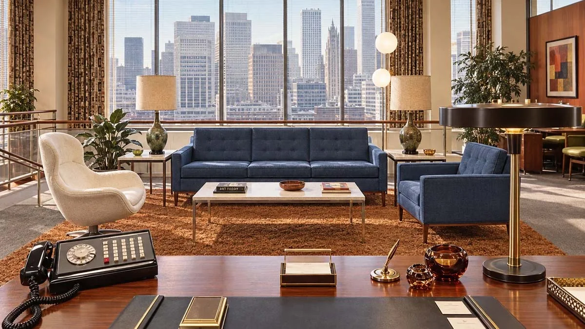Despacho de Don Draper en Mad Men con sillones Mid-Century y carrito de bebidas