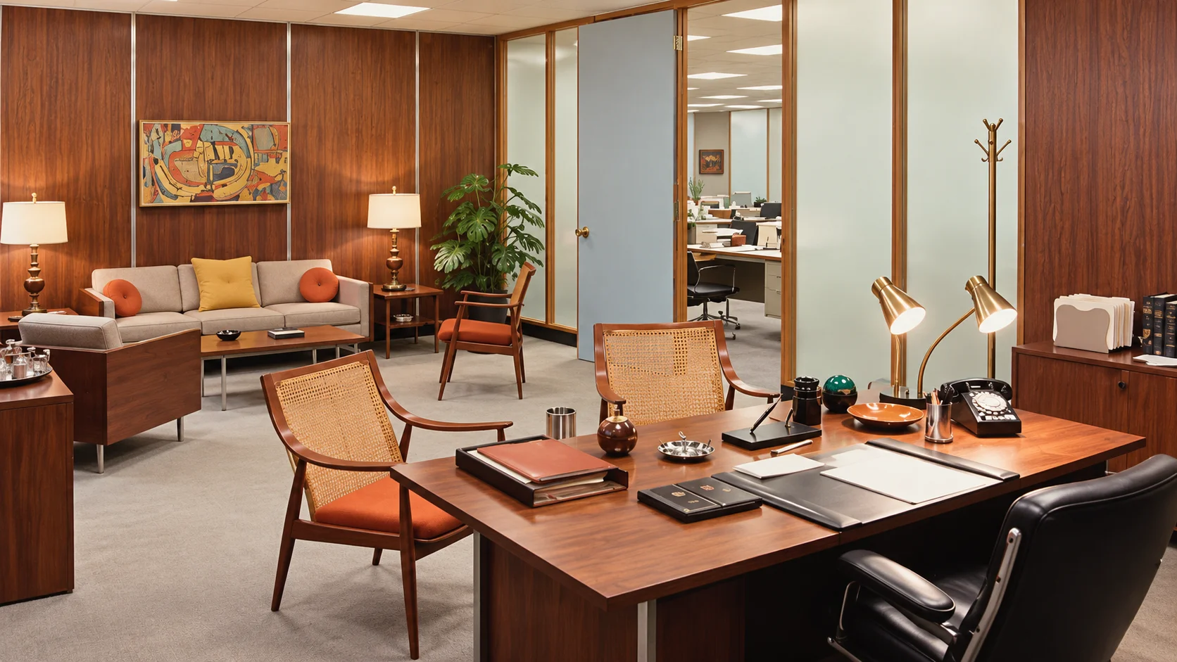 Oficina de Sterling Cooper en Mad Men con sofá azul y mobiliario Mid-Century