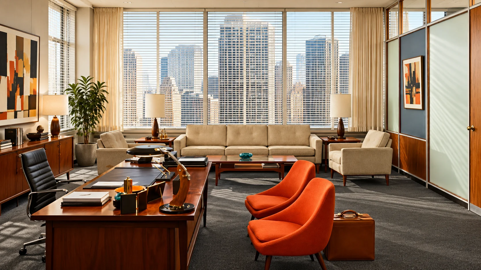 Despacho ejecutivo de Sterling Cooper en Mad Men con sillas de rejilla y mobiliario de madera
