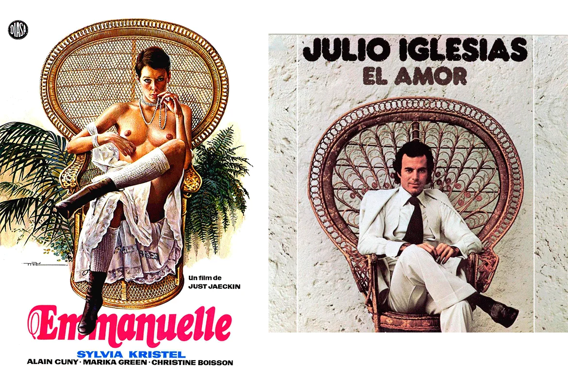 Cartel de la película Emmanuelle y carátula del disco El Amor de Julio Iglesias. Ambos sentados en la famosa silla