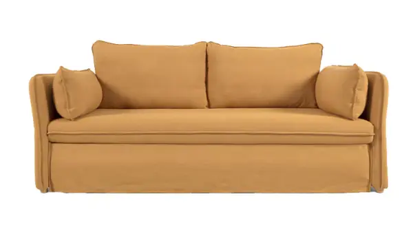 Sofá cama tapizado mostaza patas de madera natural Tanit