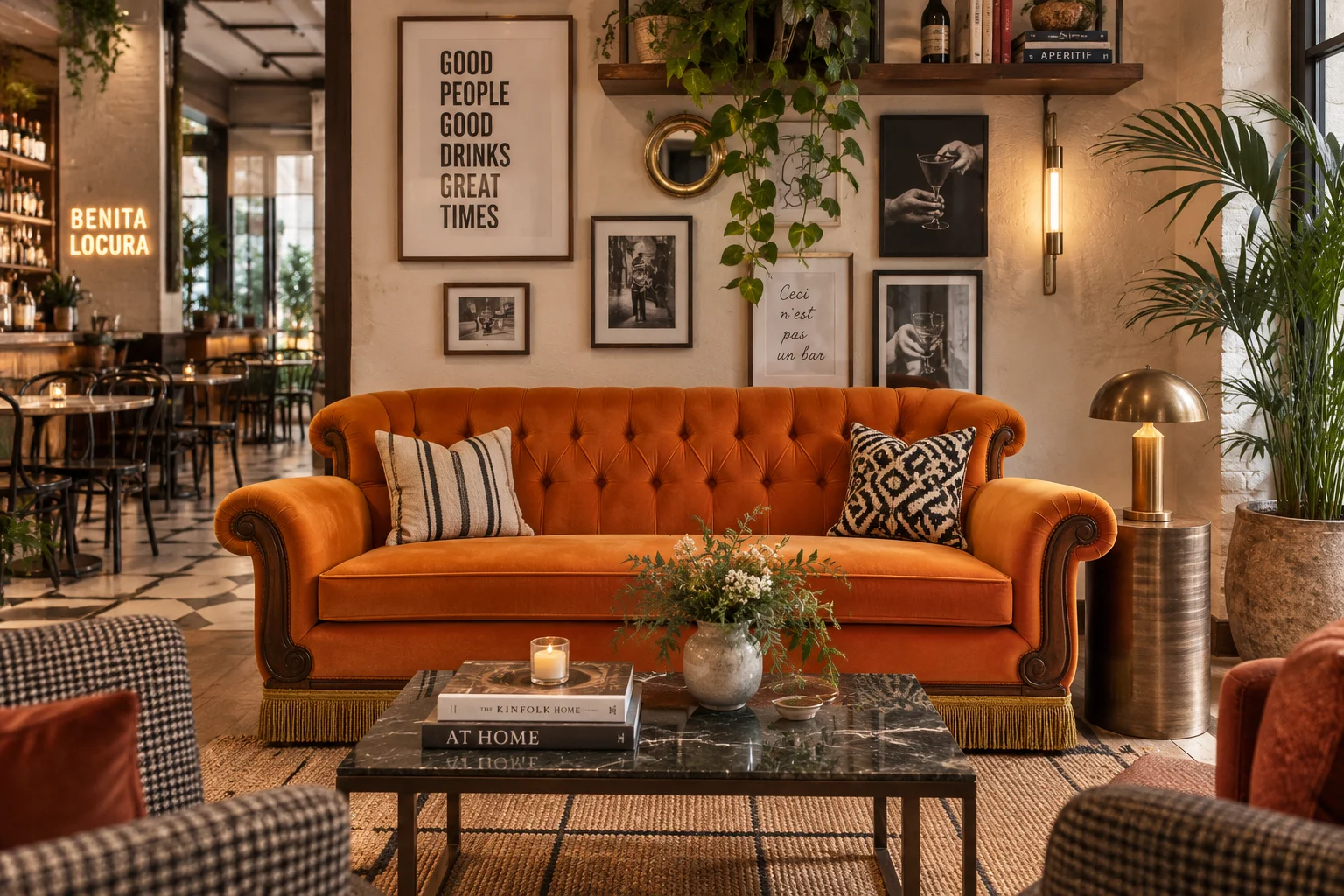 Sofá naranja inspirado en Central Perk en un café de estética madrileña