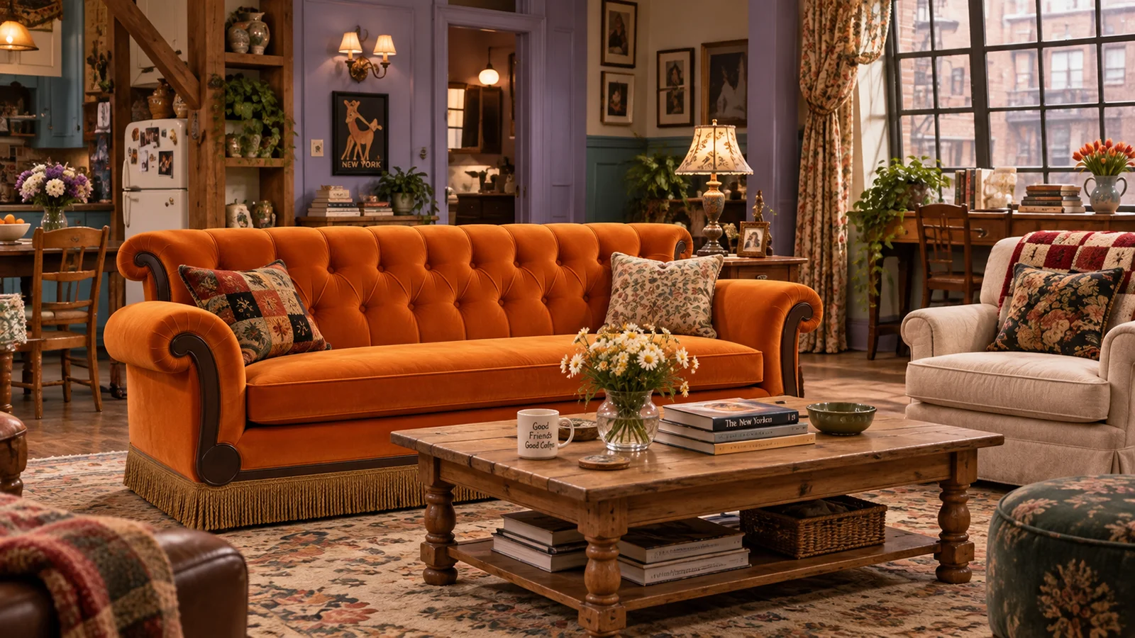 Sofá naranja inspirado en Friends en un ambiente neoyorquino de los años noventa