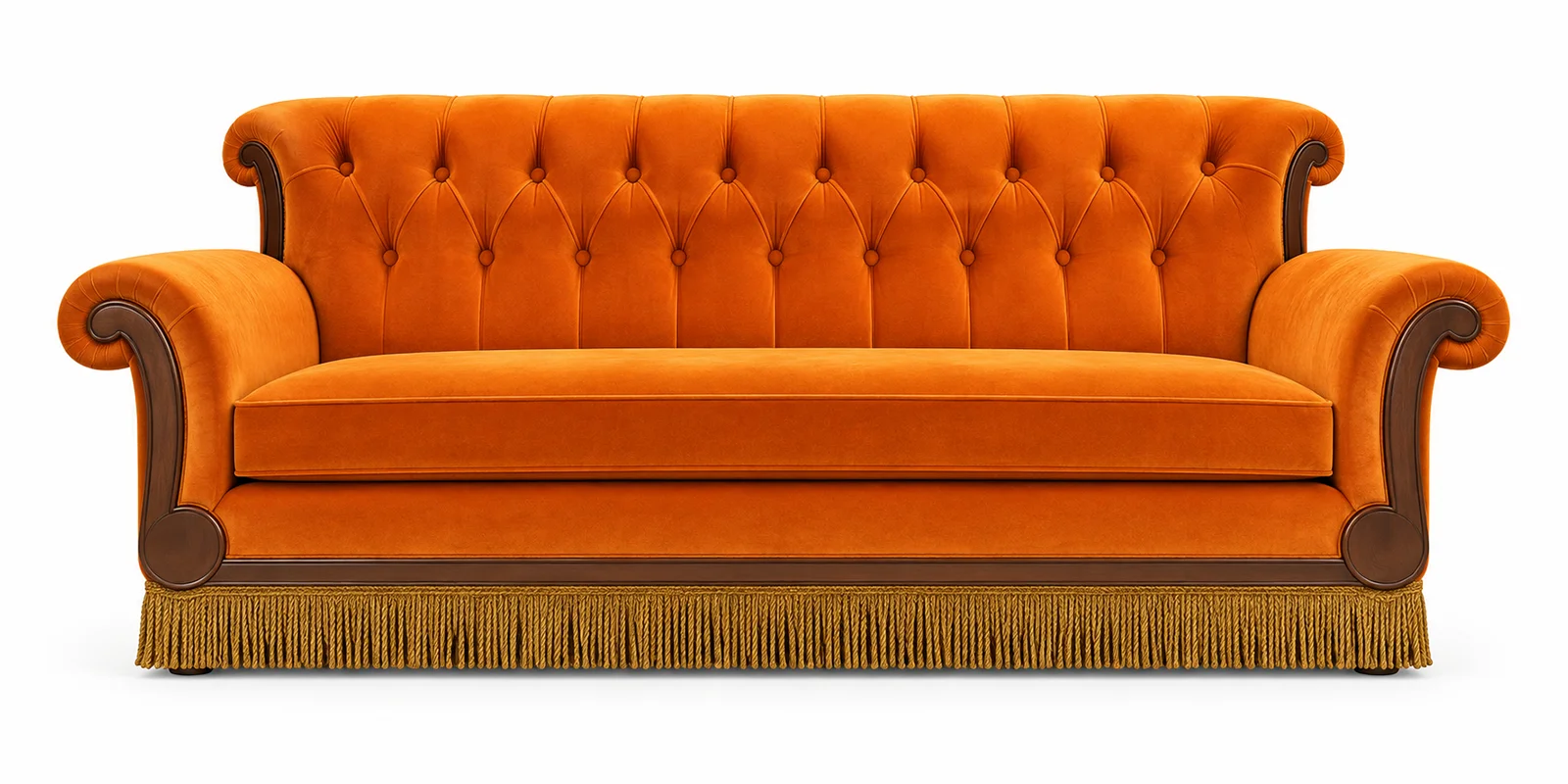 Sofá naranja estilo Central Perk de Friends con capitoné, madera de haya y flecos