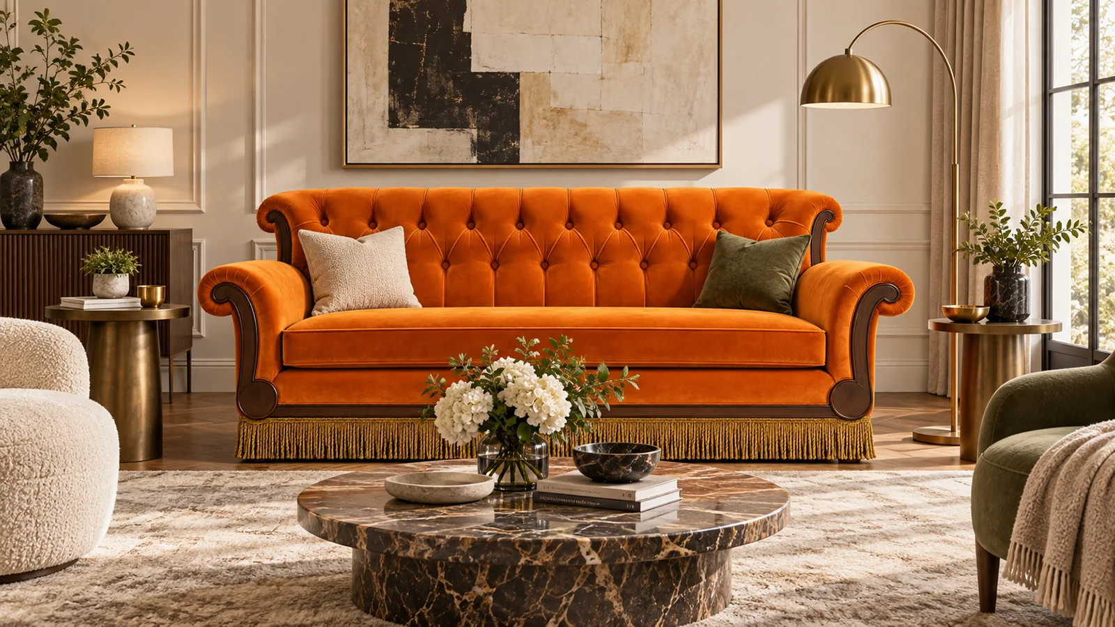 Sofá naranja de terciopelo y capitoné integrado en un salón contemporáneo